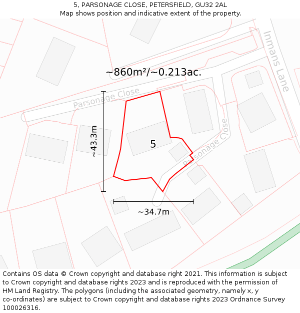 5, PARSONAGE CLOSE, PETERSFIELD, GU32 2AL: Plot and title map