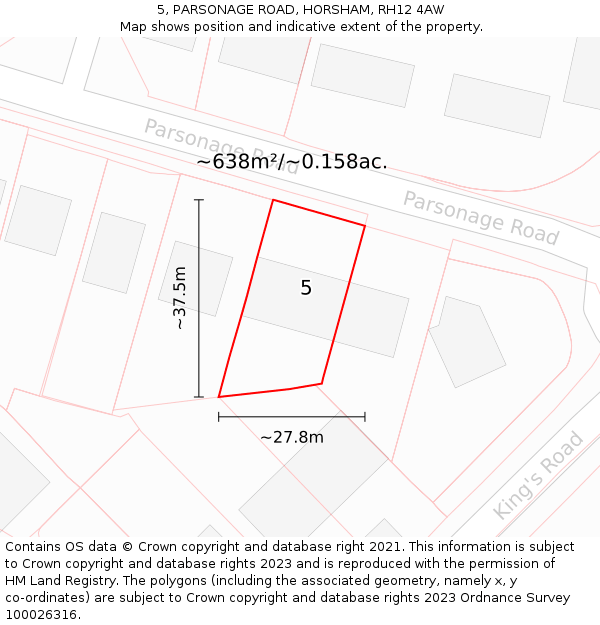 5, PARSONAGE ROAD, HORSHAM, RH12 4AW: Plot and title map