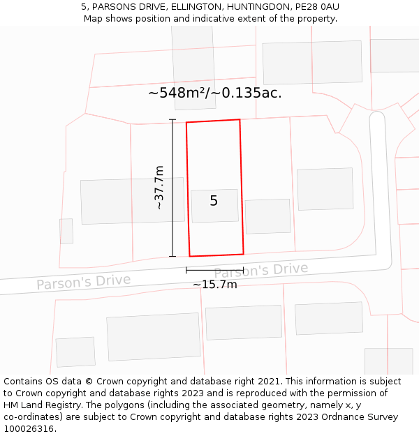 5, PARSONS DRIVE, ELLINGTON, HUNTINGDON, PE28 0AU: Plot and title map