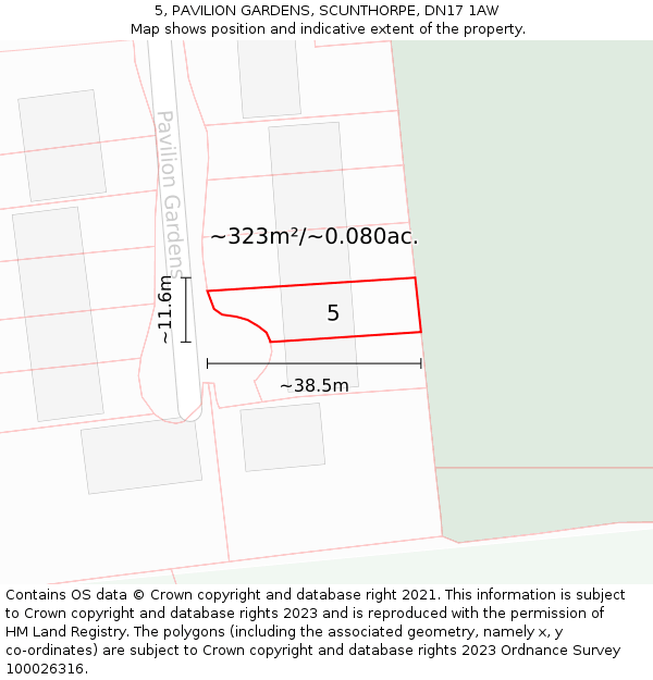 5, PAVILION GARDENS, SCUNTHORPE, DN17 1AW: Plot and title map