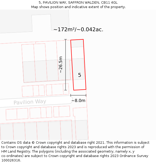 5, PAVILION WAY, SAFFRON WALDEN, CB11 4GL: Plot and title map