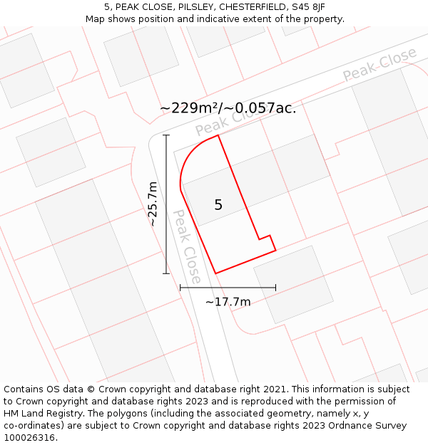 5, PEAK CLOSE, PILSLEY, CHESTERFIELD, S45 8JF: Plot and title map