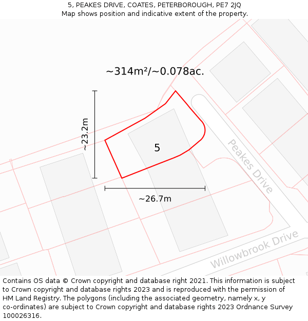 5, PEAKES DRIVE, COATES, PETERBOROUGH, PE7 2JQ: Plot and title map