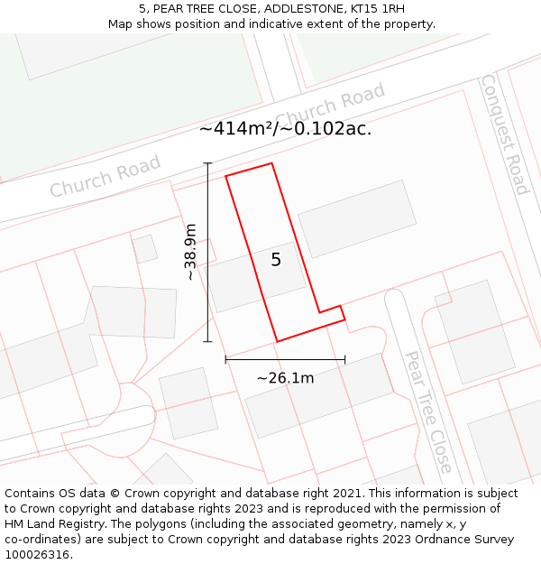 5, PEAR TREE CLOSE, ADDLESTONE, KT15 1RH: Plot and title map