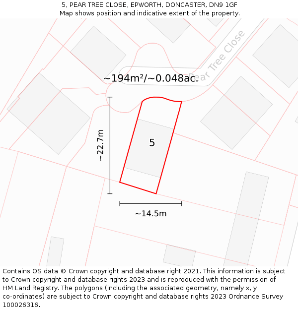 5, PEAR TREE CLOSE, EPWORTH, DONCASTER, DN9 1GF: Plot and title map