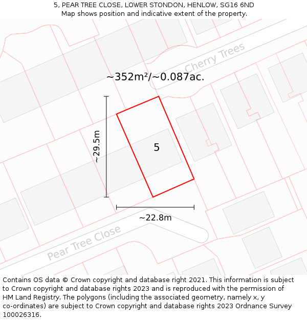5, PEAR TREE CLOSE, LOWER STONDON, HENLOW, SG16 6ND: Plot and title map