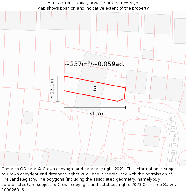 5, PEAR TREE DRIVE, ROWLEY REGIS, B65 9QA: Plot and title map