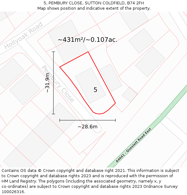 5, PEMBURY CLOSE, SUTTON COLDFIELD, B74 2FH: Plot and title map