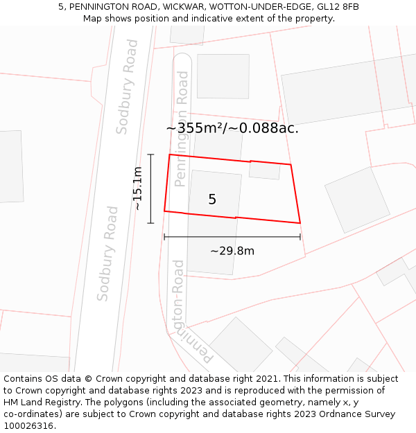 5, PENNINGTON ROAD, WICKWAR, WOTTON-UNDER-EDGE, GL12 8FB: Plot and title map