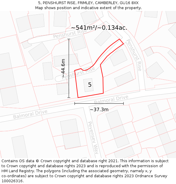 5, PENSHURST RISE, FRIMLEY, CAMBERLEY, GU16 8XX: Plot and title map