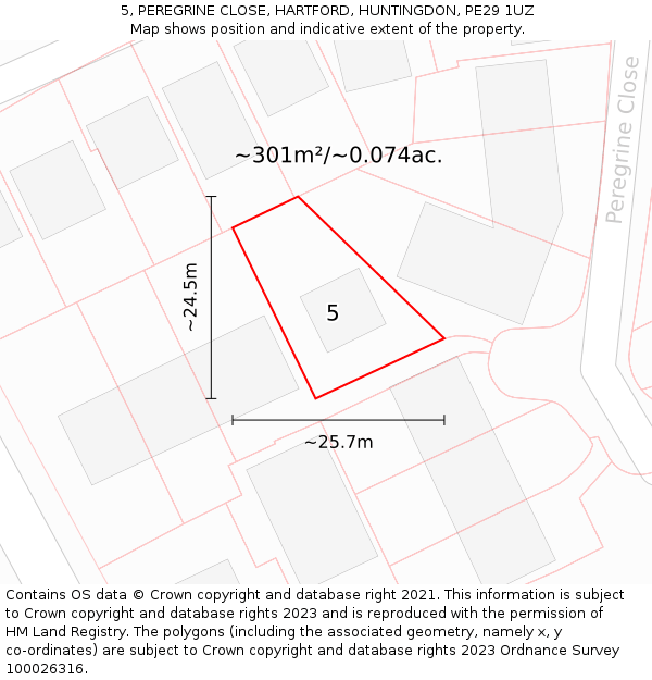 5, PEREGRINE CLOSE, HARTFORD, HUNTINGDON, PE29 1UZ: Plot and title map