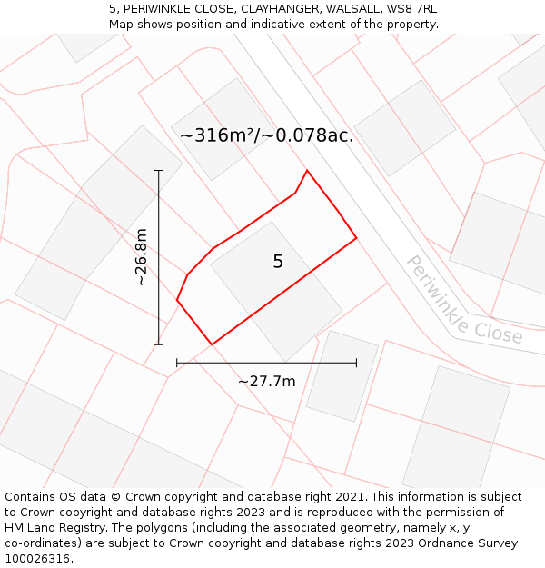 5, PERIWINKLE CLOSE, CLAYHANGER, WALSALL, WS8 7RL: Plot and title map