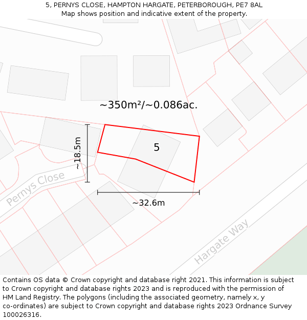 5, PERNYS CLOSE, HAMPTON HARGATE, PETERBOROUGH, PE7 8AL: Plot and title map