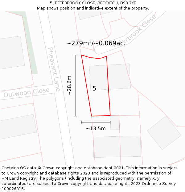 5, PETERBROOK CLOSE, REDDITCH, B98 7YF: Plot and title map