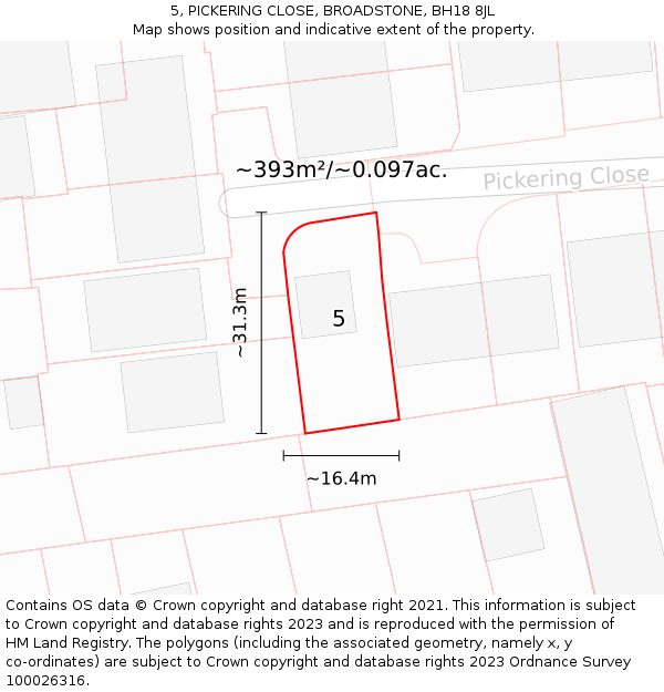 5, PICKERING CLOSE, BROADSTONE, BH18 8JL: Plot and title map
