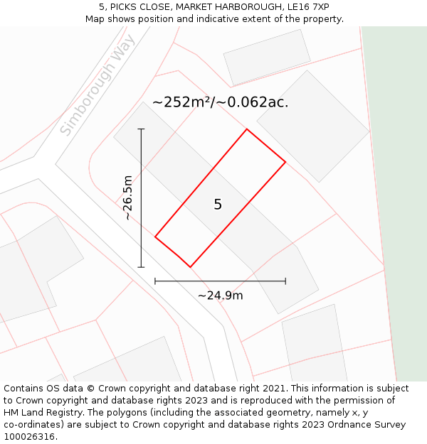 5, PICKS CLOSE, MARKET HARBOROUGH, LE16 7XP: Plot and title map