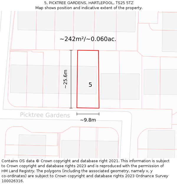 5, PICKTREE GARDENS, HARTLEPOOL, TS25 5TZ: Plot and title map