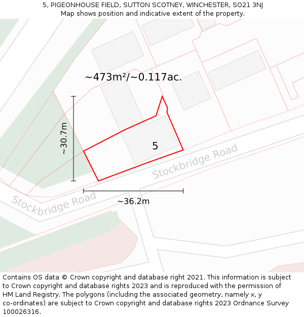 5, PIGEONHOUSE FIELD, SUTTON SCOTNEY, WINCHESTER, SO21 3NJ: Plot and title map