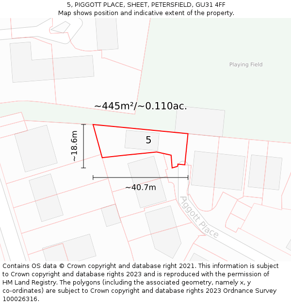 5, PIGGOTT PLACE, SHEET, PETERSFIELD, GU31 4FF: Plot and title map