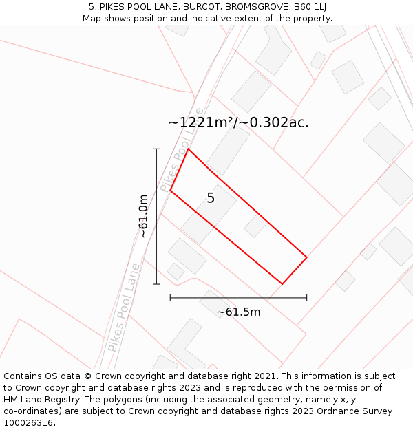 5, PIKES POOL LANE, BURCOT, BROMSGROVE, B60 1LJ: Plot and title map