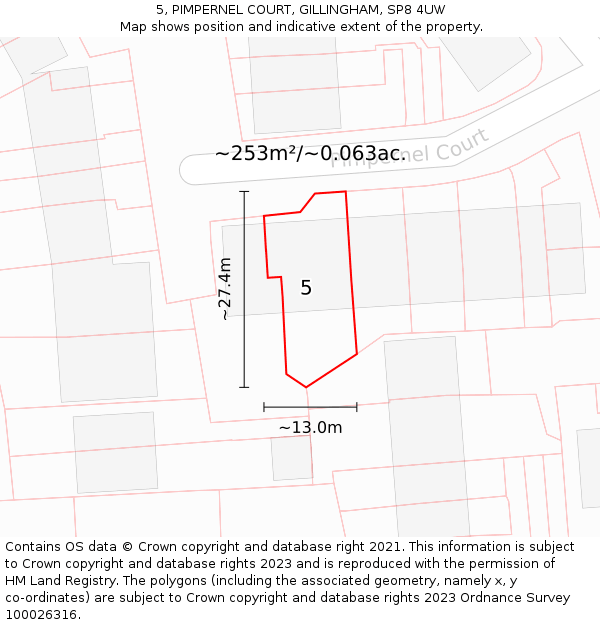 5, PIMPERNEL COURT, GILLINGHAM, SP8 4UW: Plot and title map