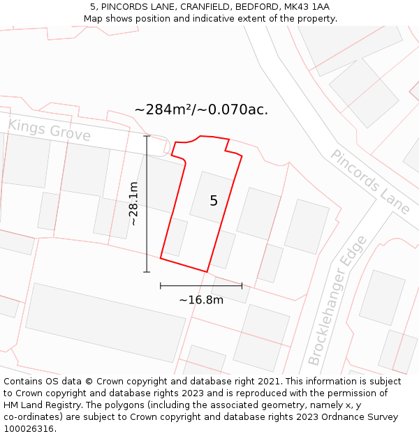 5, PINCORDS LANE, CRANFIELD, BEDFORD, MK43 1AA: Plot and title map