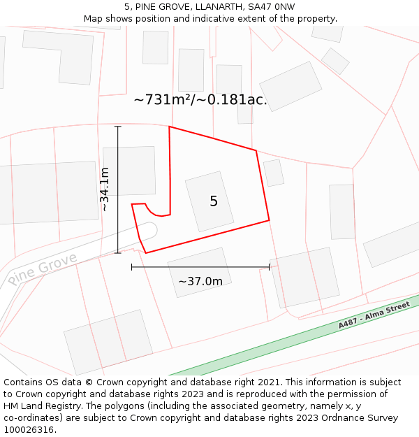 5, PINE GROVE, LLANARTH, SA47 0NW: Plot and title map
