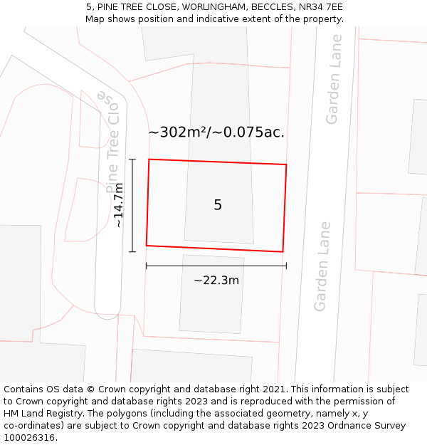 5, PINE TREE CLOSE, WORLINGHAM, BECCLES, NR34 7EE: Plot and title map