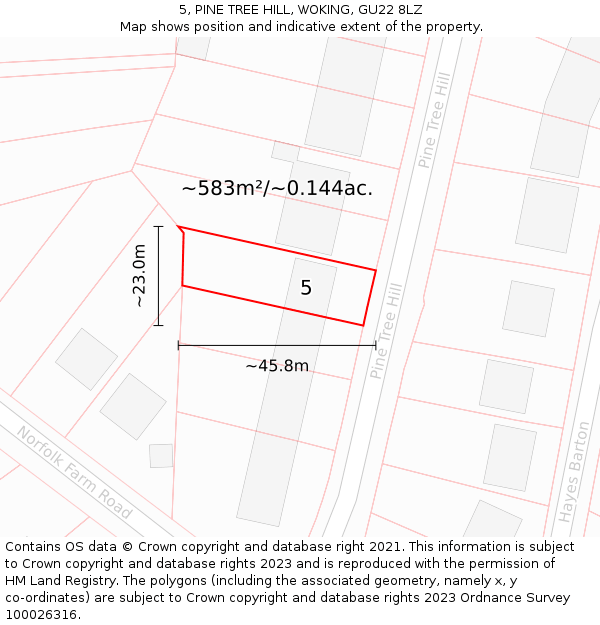 5, PINE TREE HILL, WOKING, GU22 8LZ: Plot and title map