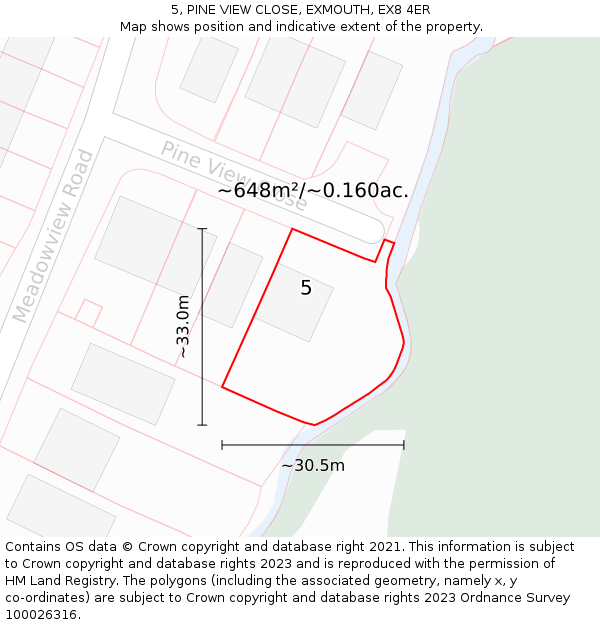 5, PINE VIEW CLOSE, EXMOUTH, EX8 4ER: Plot and title map