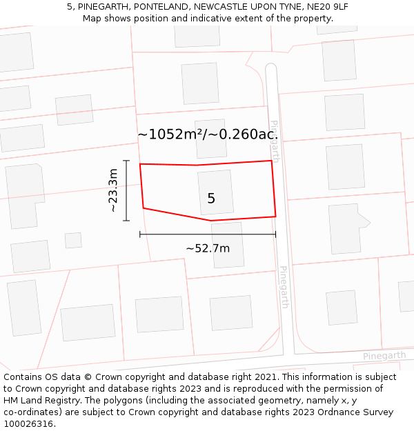 5, PINEGARTH, PONTELAND, NEWCASTLE UPON TYNE, NE20 9LF: Plot and title map