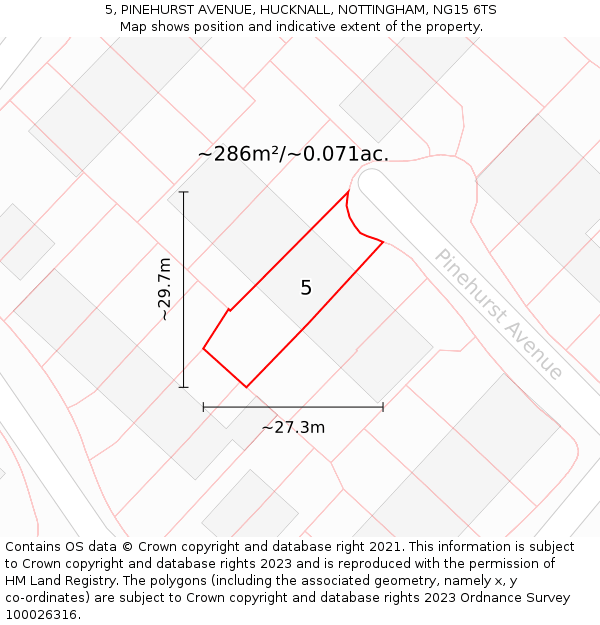 5, PINEHURST AVENUE, HUCKNALL, NOTTINGHAM, NG15 6TS: Plot and title map