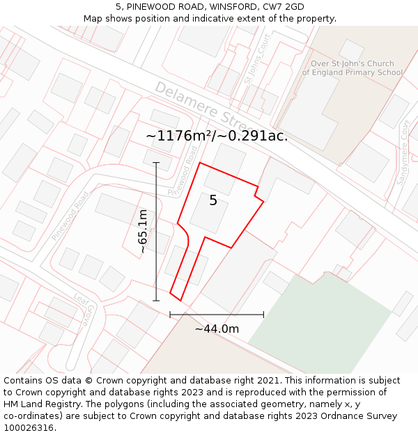 5, PINEWOOD ROAD, WINSFORD, CW7 2GD: Plot and title map