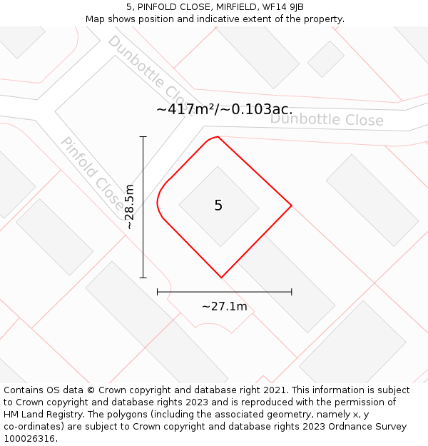 5, PINFOLD CLOSE, MIRFIELD, WF14 9JB: Plot and title map