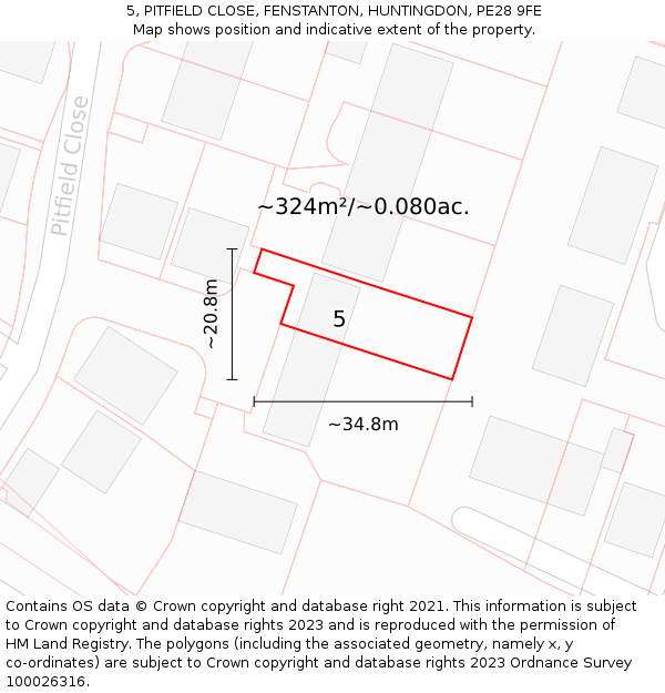 5, PITFIELD CLOSE, FENSTANTON, HUNTINGDON, PE28 9FE: Plot and title map