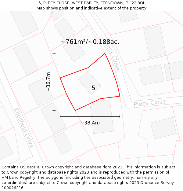 5, PLECY CLOSE, WEST PARLEY, FERNDOWN, BH22 8QL: Plot and title map