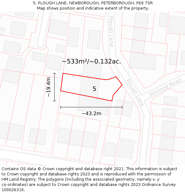5, PLOUGH LANE, NEWBOROUGH, PETERBOROUGH, PE6 7SR: Plot and title map