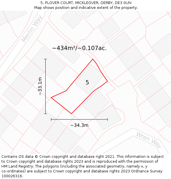 5, PLOVER COURT, MICKLEOVER, DERBY, DE3 0UN: Plot and title map