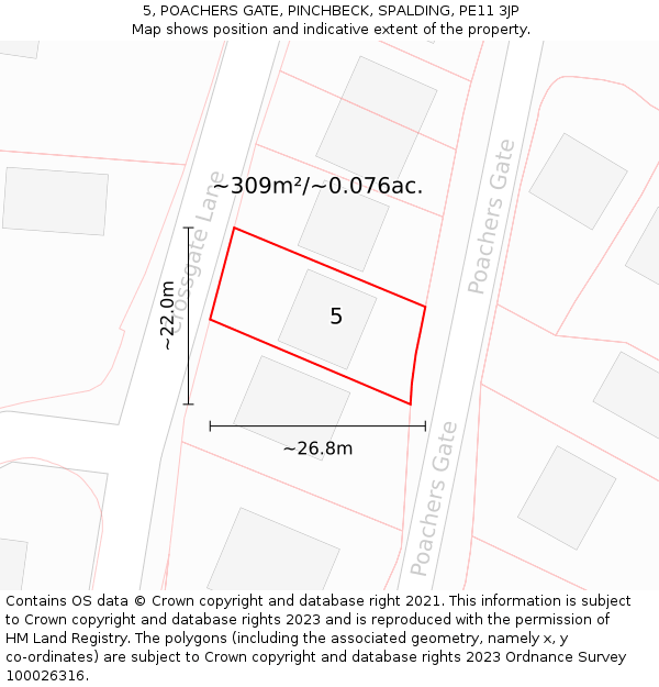 5, POACHERS GATE, PINCHBECK, SPALDING, PE11 3JP: Plot and title map