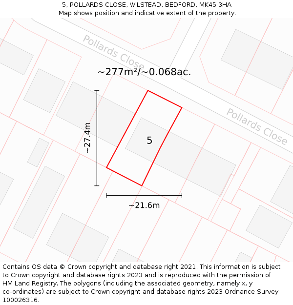 5, POLLARDS CLOSE, WILSTEAD, BEDFORD, MK45 3HA: Plot and title map