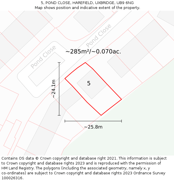 5, POND CLOSE, HAREFIELD, UXBRIDGE, UB9 6NG: Plot and title map