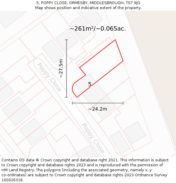 5, POPPY CLOSE, ORMESBY, MIDDLESBROUGH, TS7 9JG: Plot and title map
