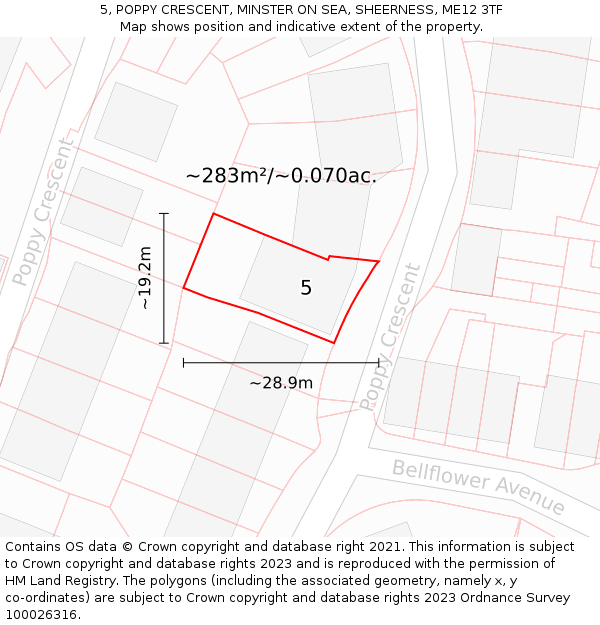 5, POPPY CRESCENT, MINSTER ON SEA, SHEERNESS, ME12 3TF: Plot and title map