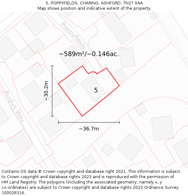 5, POPPYFIELDS, CHARING, ASHFORD, TN27 0AA: Plot and title map