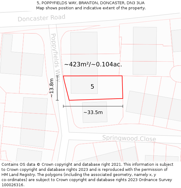 5, POPPYFIELDS WAY, BRANTON, DONCASTER, DN3 3UA: Plot and title map