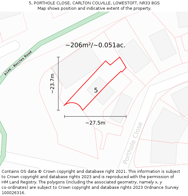 5, PORTHOLE CLOSE, CARLTON COLVILLE, LOWESTOFT, NR33 8GS: Plot and title map