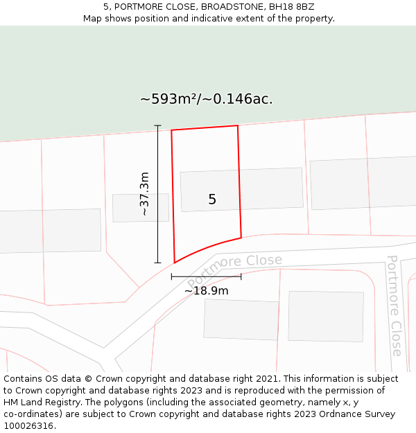 5, PORTMORE CLOSE, BROADSTONE, BH18 8BZ: Plot and title map