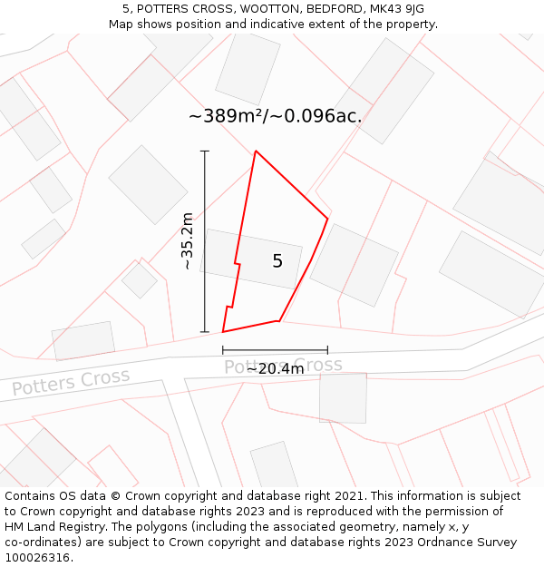 5, POTTERS CROSS, WOOTTON, BEDFORD, MK43 9JG: Plot and title map