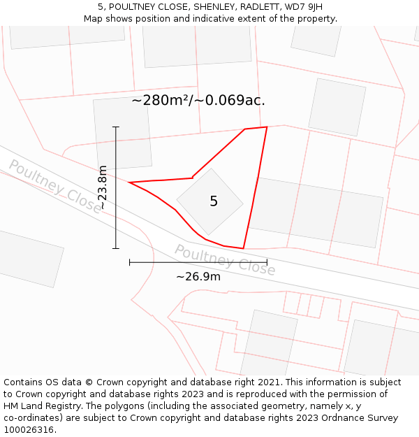 5, POULTNEY CLOSE, SHENLEY, RADLETT, WD7 9JH: Plot and title map