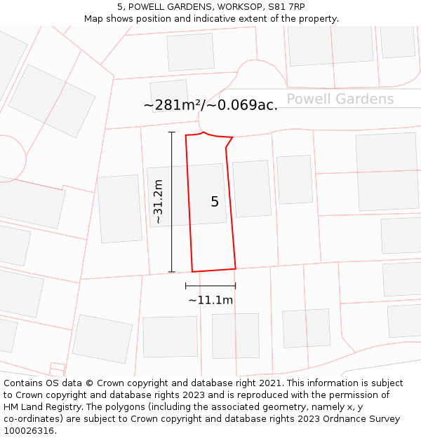 5, POWELL GARDENS, WORKSOP, S81 7RP: Plot and title map